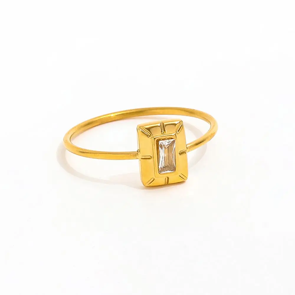 High-End 18K Gold Plated Stainless Steel Dainty Ring with Small Rectangle Zircon for Parties and Gifts