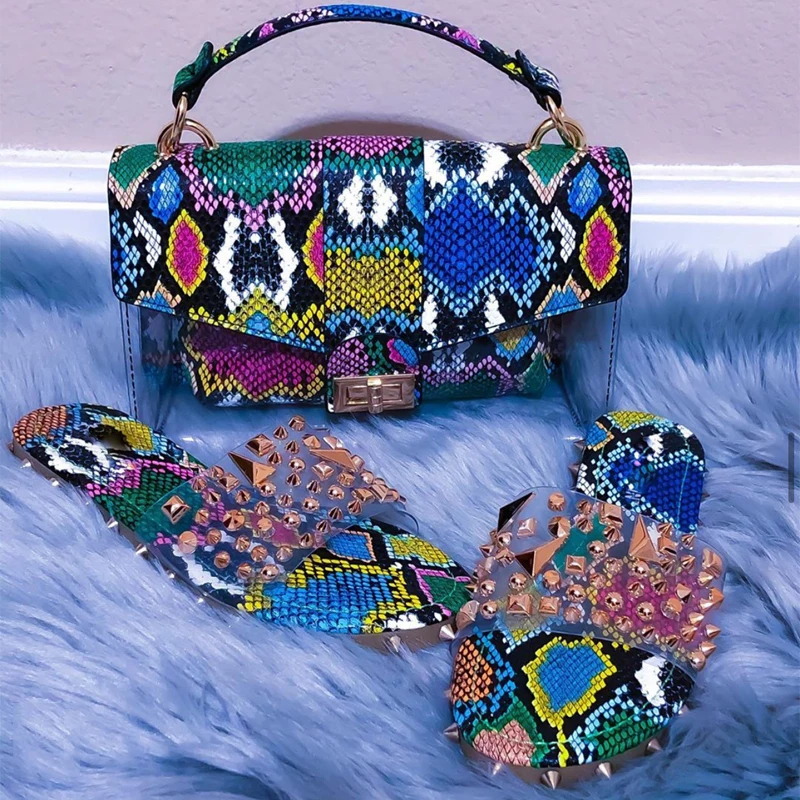 

lady's matching slippers and bag purse set fashionables snake print handbag and shoes, Customizable