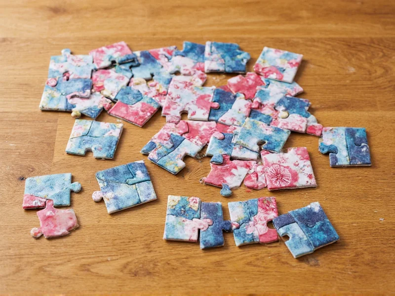 Modular fabric scrap puzzle pieces on wooden table
