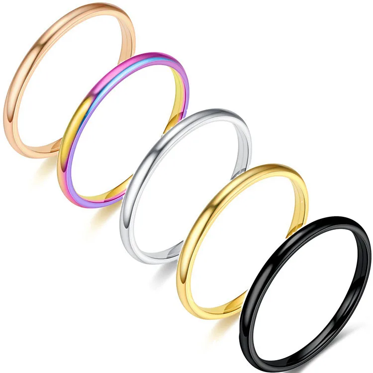 

2MM Thin Titanium Steel Gold&Black&Silver-color Couple Ring Simple Fashion Rose Gold Finger Ring for Women and Men Gifts, 5 colors available