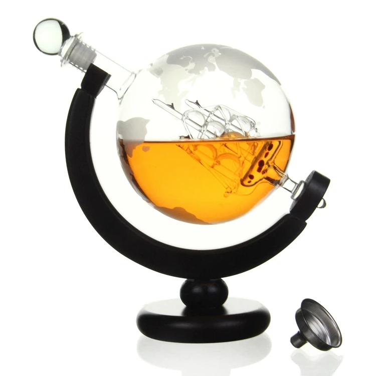 

85 cl Glass Globe decanter scratch map wine decanter with wood base and ice stone, Transparent