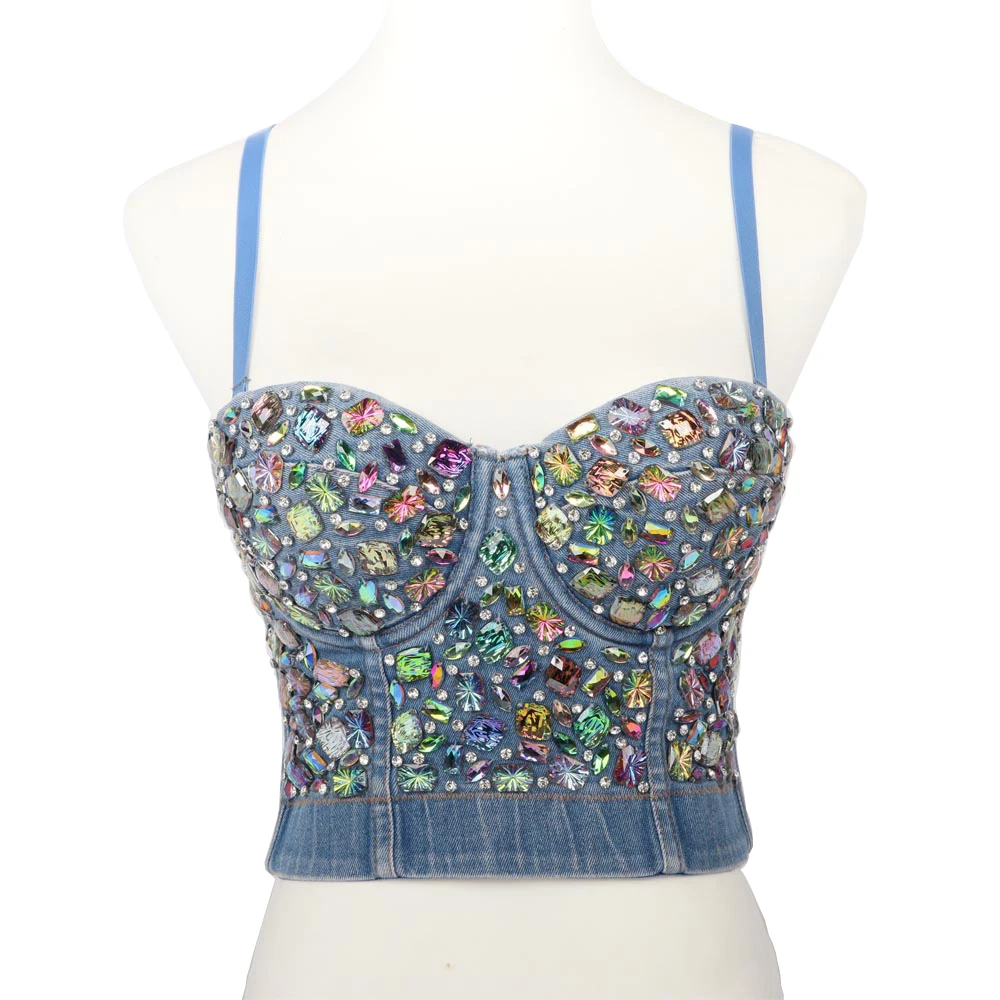 

Factory custom denim colorful glittering diamond ball night club women's Bra