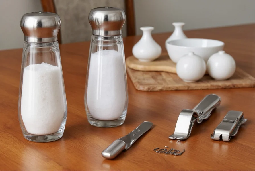 Various salt and pepper holder styles displayed on a wooden dining table with different materials including ceramic, glass, and stainless steel