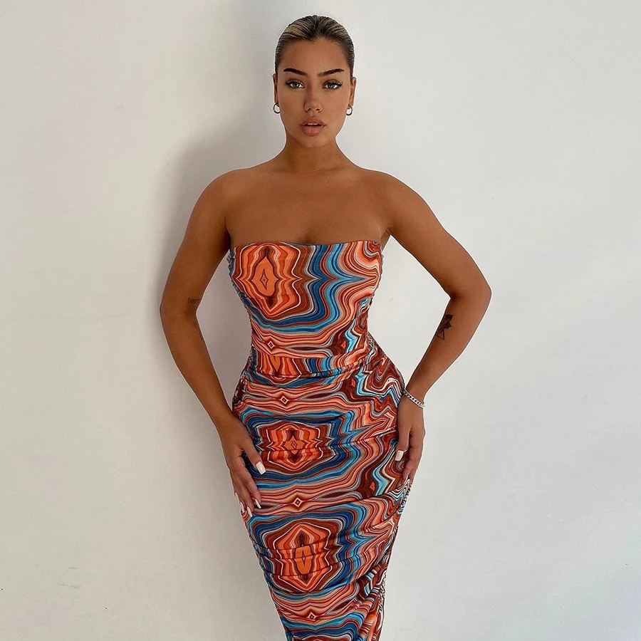 

Nibber K21D04642 Colorful Striped Graphic Printed Sleeveless Off Shoulder Sexy Bodycon Midi Dress Women's Summer Prom Dresses