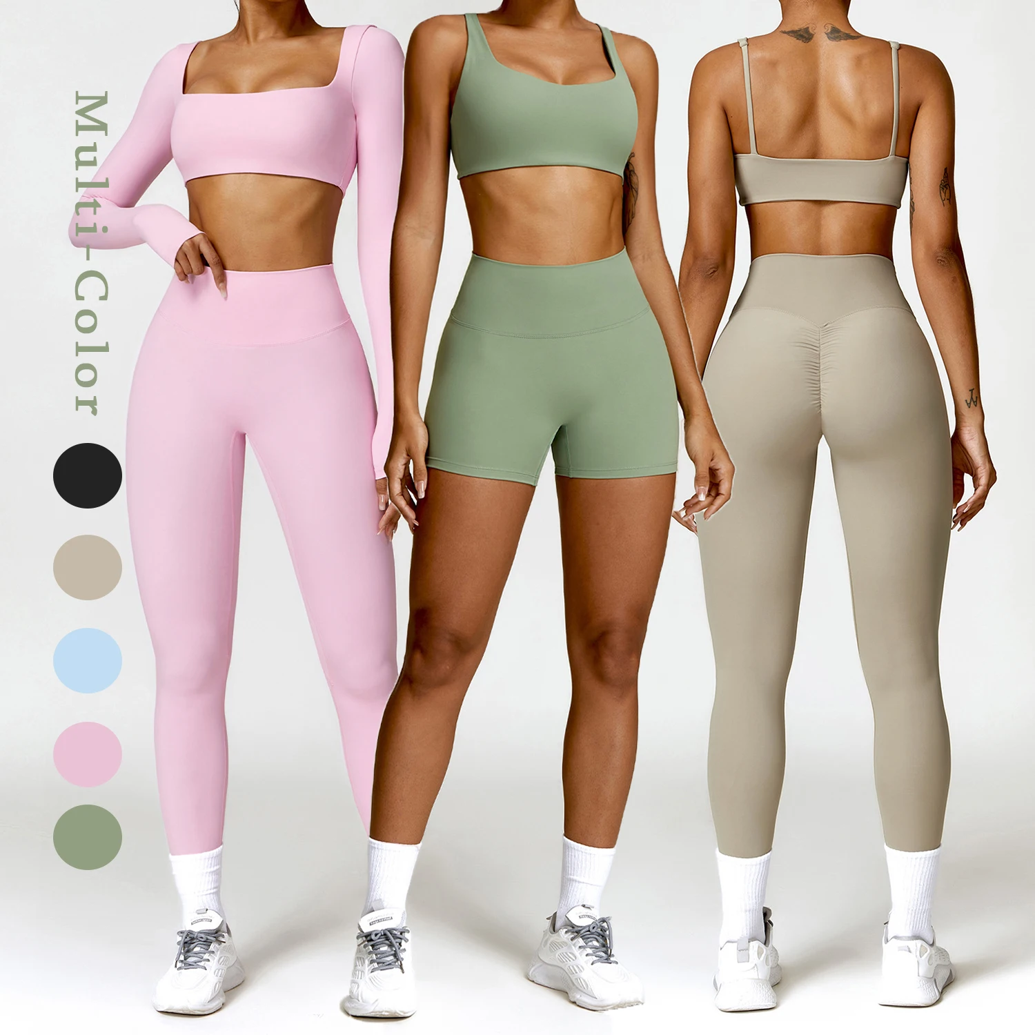 

2023 New Womens Plus Size Gym Wear Yoga 4 piece Sets Fitness Scrunched Butt Leggings Workout Long Sleeve Yoga Sets