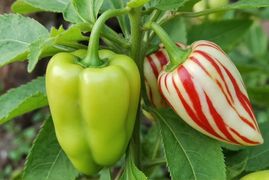Candy cane pepper plant showing multiple stages of fruit development from green to fully striped red and white