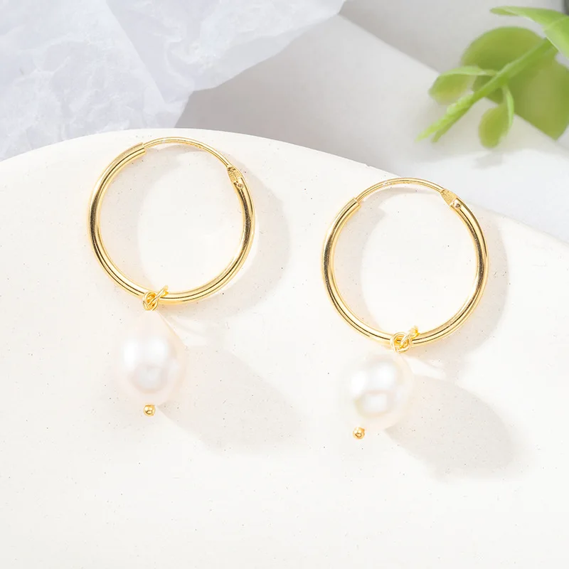 

Popular Minimalist Natural Shell Pearl Earrings 18K Gold Plated 925 Silver Circle Earrings Jewellery