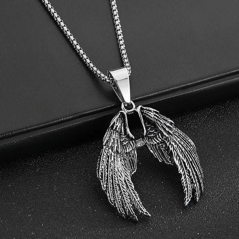 

New style long titanium steel men's necklace fashion simple sweater chain angel wings necklace