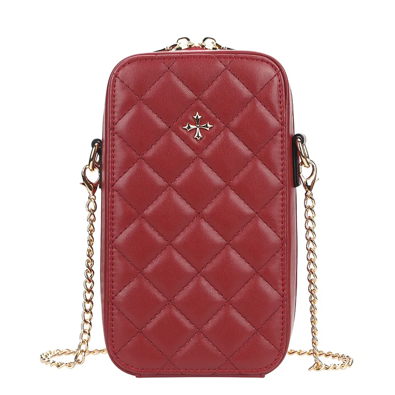

Wholesale Fashion Women's Compact Square Pu Leather Zipper Crossbody Hand Bag with Long Chain Strap, 5 color,green,red,black,pink,grey