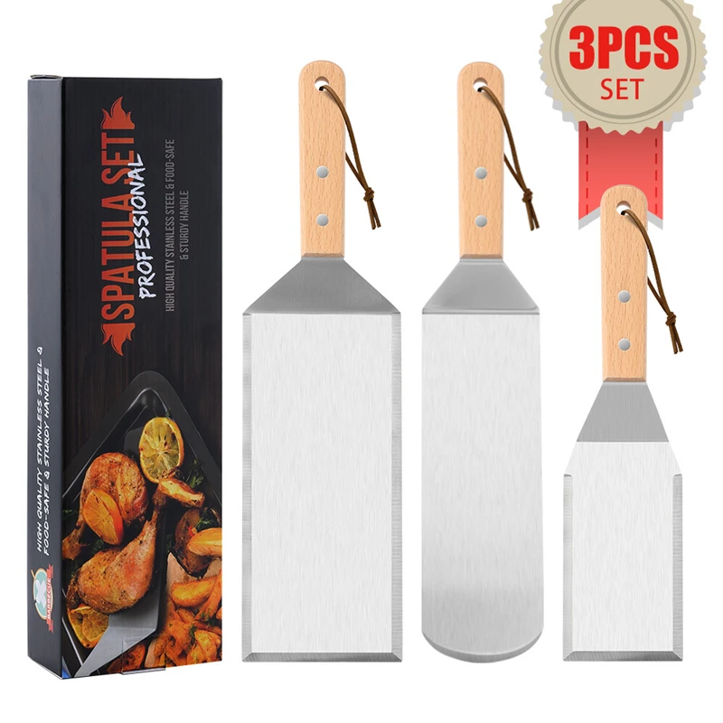 

Amazon Hot Selling Stainless Steel Pancake Turner and Griddle Scraper Hamburger Turner Griddle Spatula Set for BBQ Grill