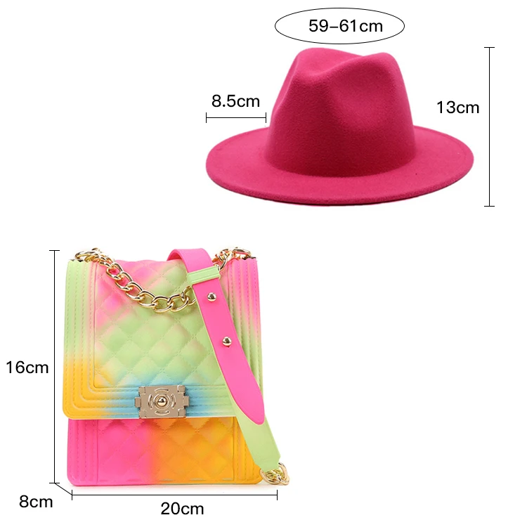 

2022 luxury ladies woman hats and purses handbags set girls silicone/PVC candy jelly bag purse men and women fedora hats, Customized color