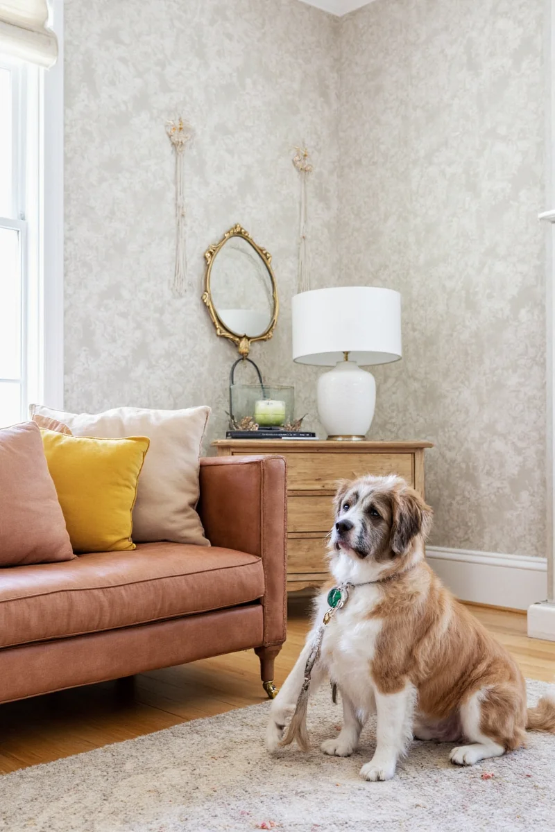 A modern living room with a neutral sofa and a pair of vintage Staffordshire terriers displayed under a glass dome on a floating shelf.