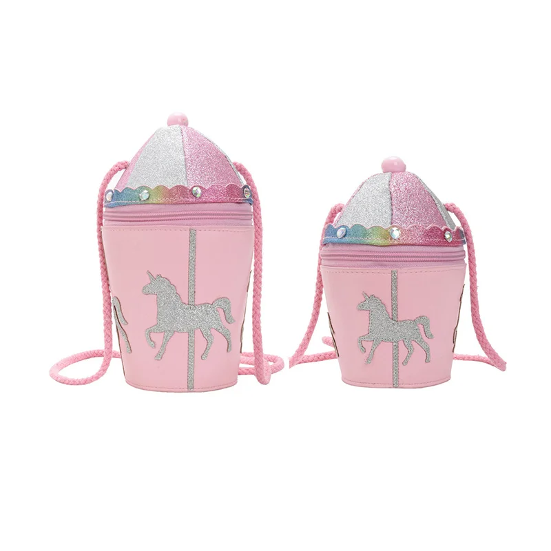 

2021 hot selling carousel glitter cylinder shape pink mini crossbody bags shoulder handbags toddler girl purse with diamond, 1colors