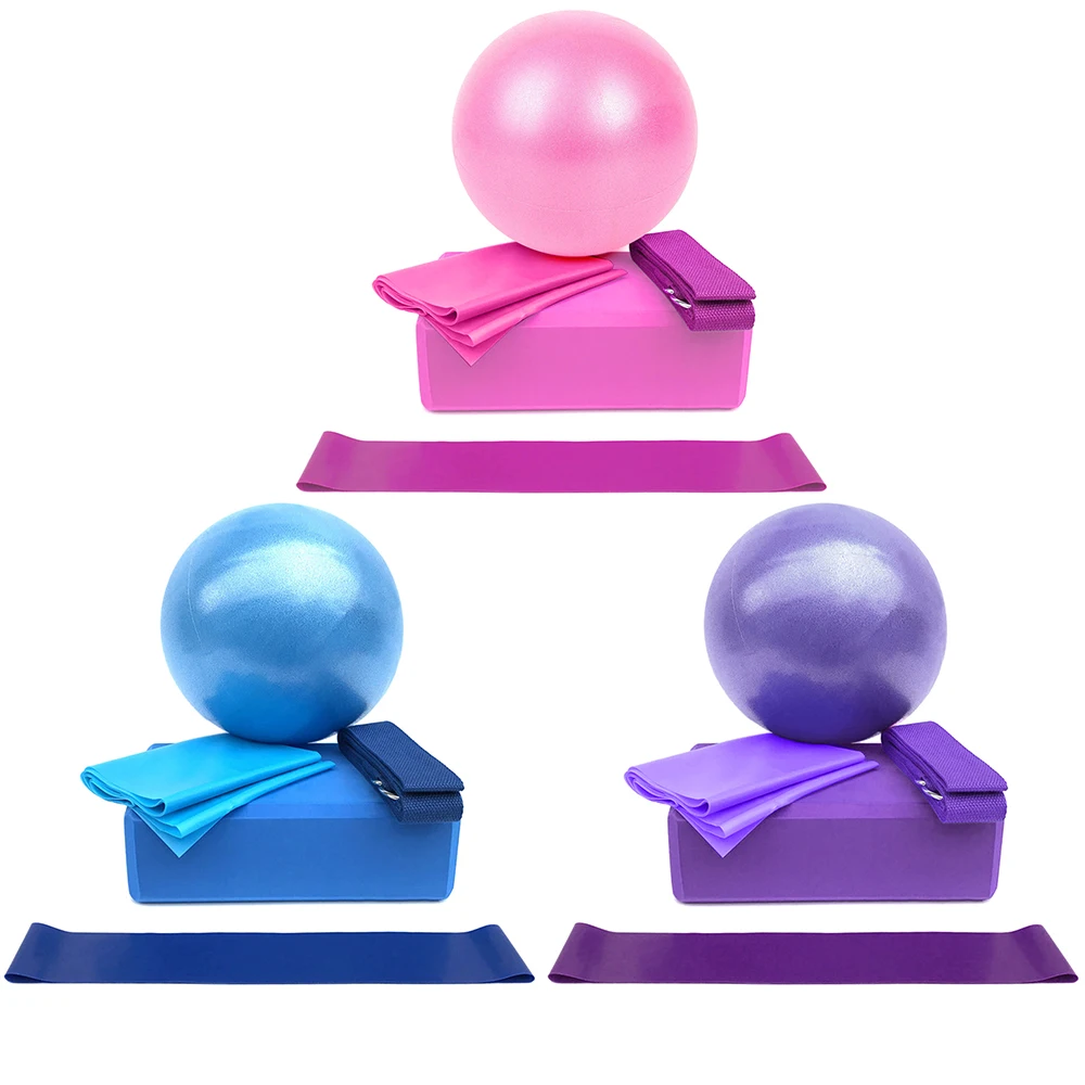 

5pcs Yoga Equipment Set Yoga Ball Exercise Gymnastic Fitness Pilates Ball Balance Exercise Yoga Blocks Resistance Loop Band, Pink, blue, purple