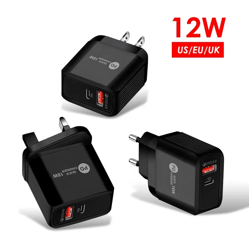 

wholesale QC3.0 US EU UK plug PD 12W Mobile mutifunction android Phone adapter USB wall Charger for samsung apple Quick chargi, Black and white