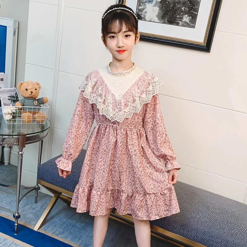 

Girls spring western style princess dress party dress girls autumn flowers lace skirt