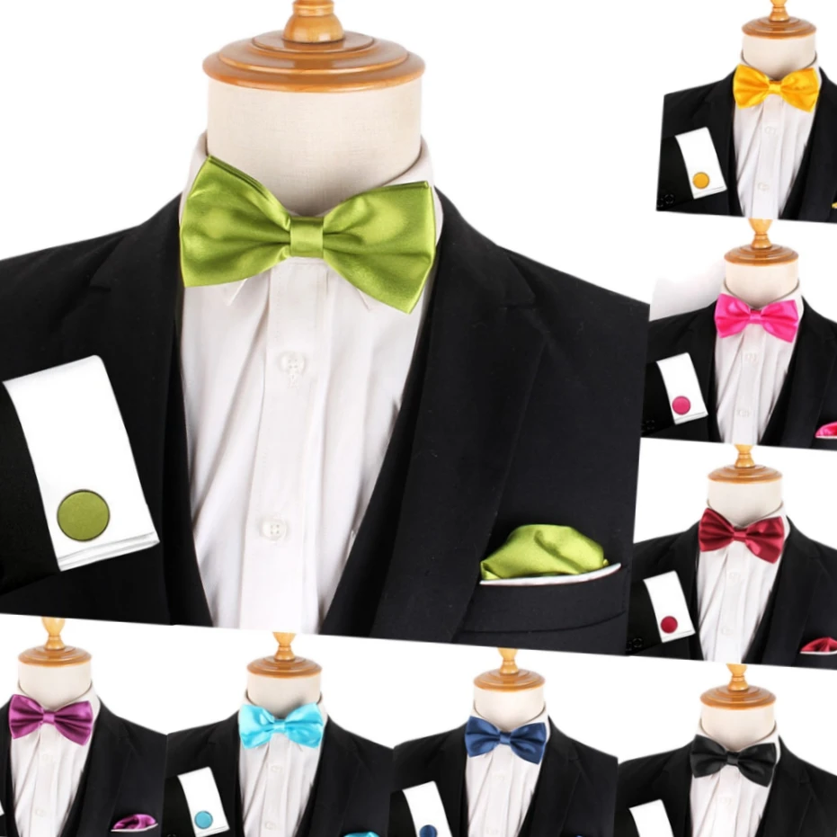 Men's 3-Piece Wholesale Set Solid Color Double Bow Tie and Pocket Square and Cufflinks