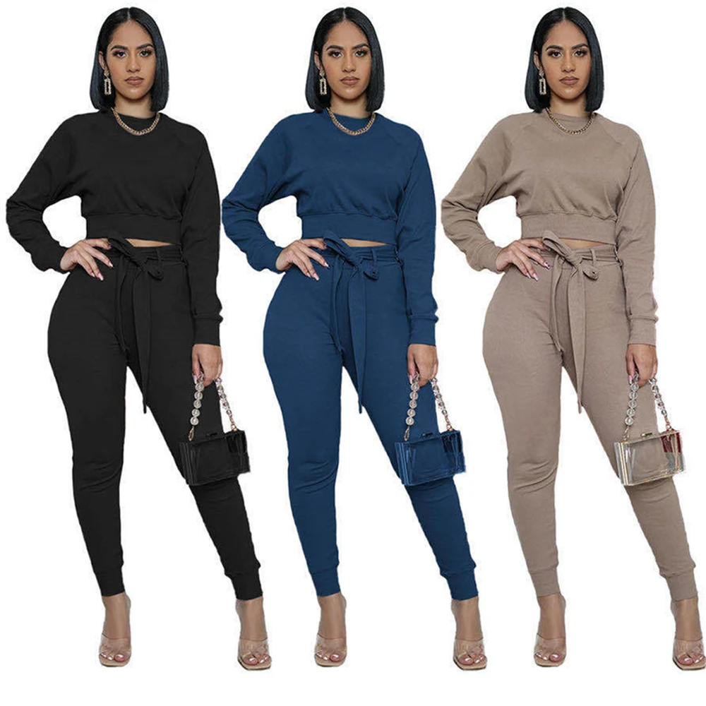 

Females Autumn Wears 2 Piece Outfits for Women Stylish Solid Color Crop Top Jogger Pants Fitness Two pc Set with Sashes RS00598