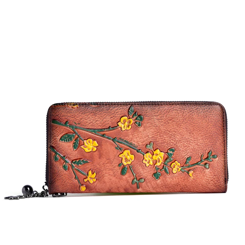 

2022 New Arrival Wholesale Artist Purses Multi Card Slots Holder Long Style Genuine Cow Leather Flower Wallets for Women