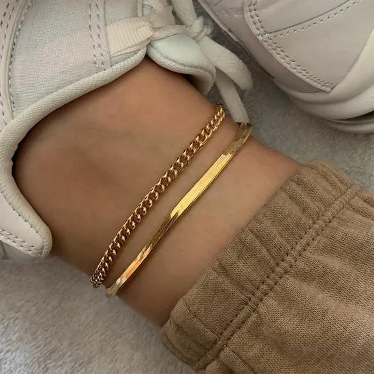

Stylish Anklets Foot Jewelry Stainless Steel 18K Gold Plated Fashion Herringbone Flat Snake Chain Anklet for Women
