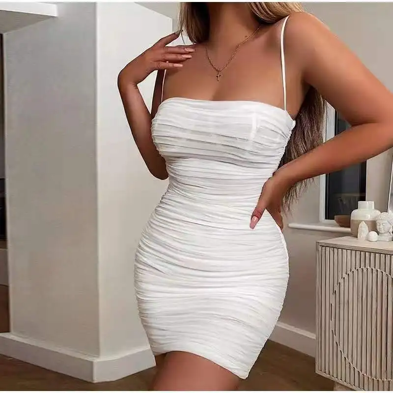 

Milk Silk Double Layer Mesh Summer Dress Women Spaghetti Straps Bodycon Ruched Dress Woman Party Night Club Dress Sexy Robe