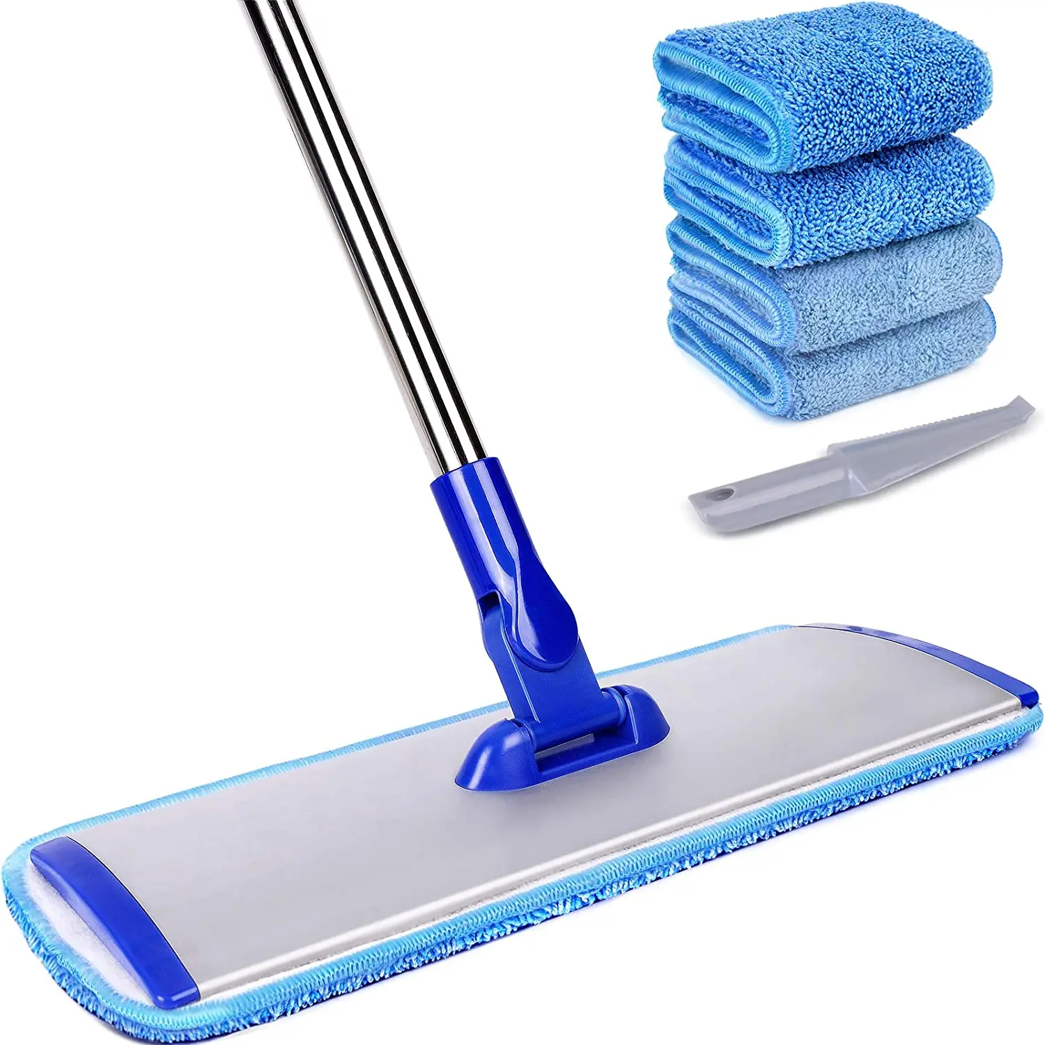 

Aluminum Mop Adjustable Stainless Steel Handle Velcros Locking 4 Wet Dry Mops Clothes Microfiber Flat Floor Mop, Blue