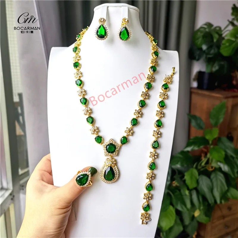 

18K gold-plated European and American retro natural emerald necklace earrings bracelet ring jewelry set, 1 different color