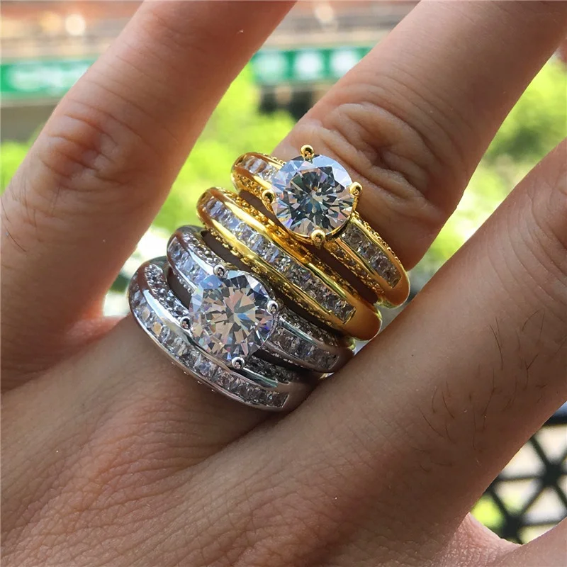 

Luxury Female Ladies Round Stone Ring Set Crystal Silver Gold Color Engagement Ring Fashion Promise Wedding Rings For Women