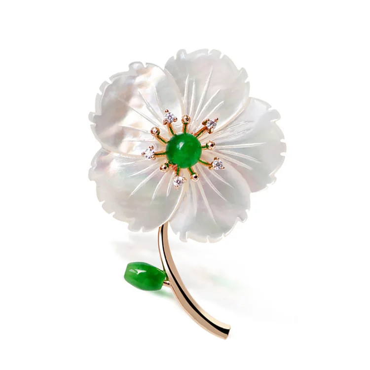 

Hot Wholesale natural shell brooch flower green chalcedony brooch accessories