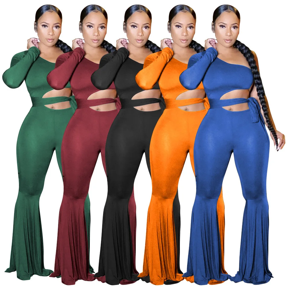 

2021 Casual One Piece Outfit Sexy Oblique Shoulder Wide-Leg Jumpsuit With Removable Belt Strapless Jumpsuit And Rompers