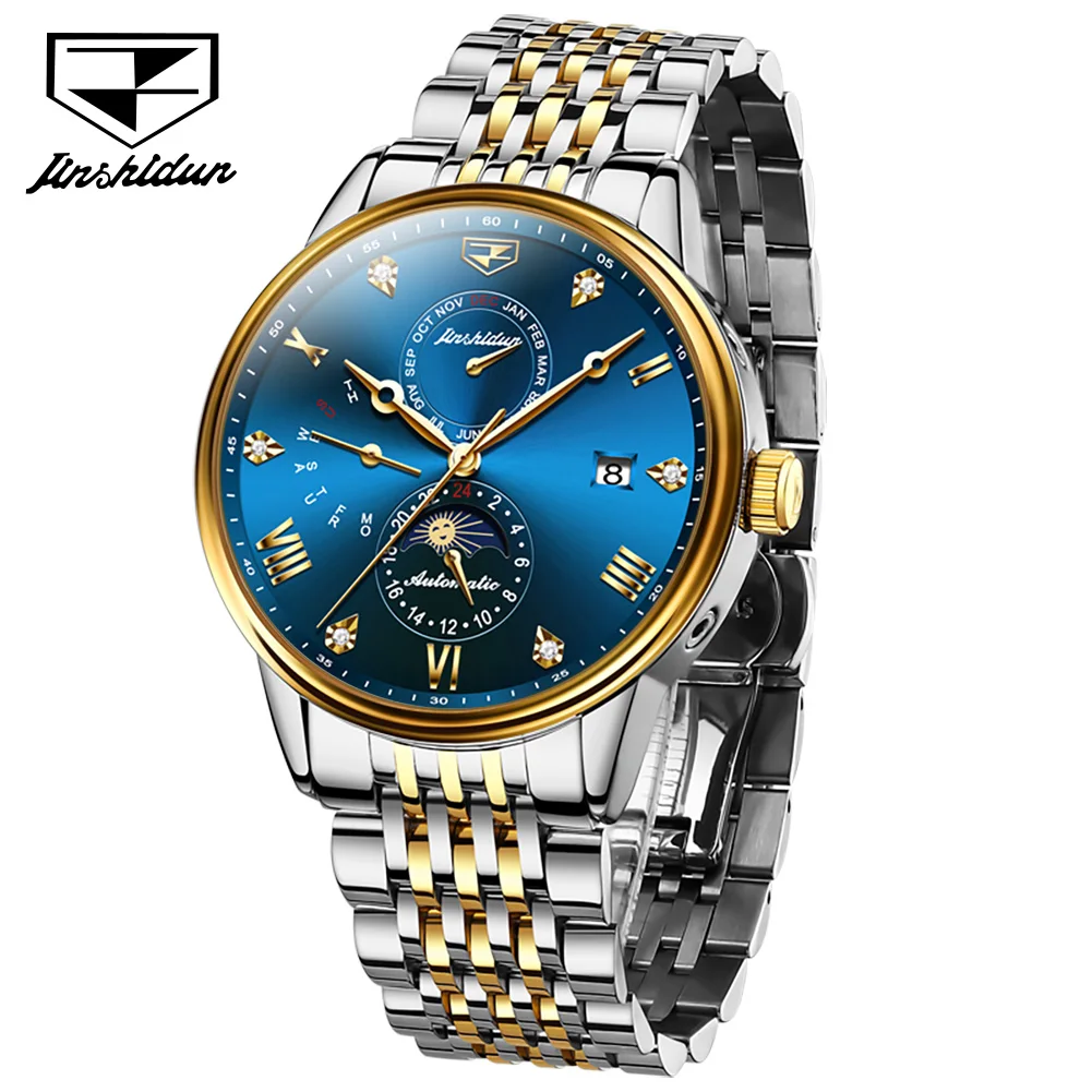 

Jsdun 8946 custom OEM logo Moon Phase Stainless Steel Calendar Classic Waterproof Fashion automatic Mechanical watches