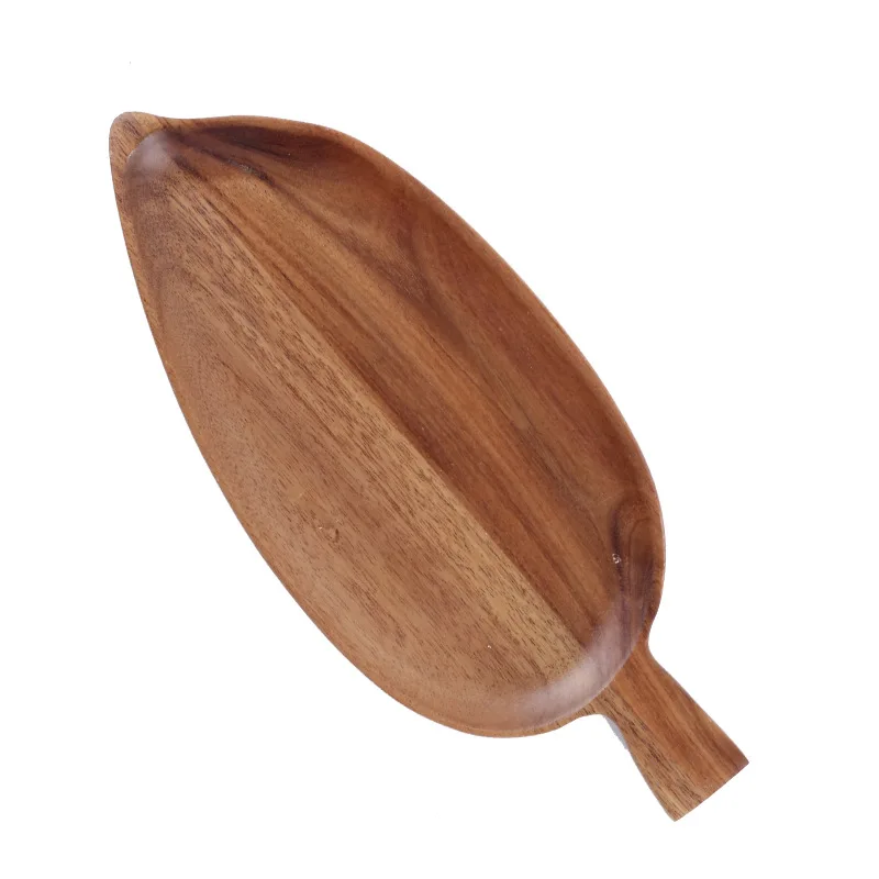 

New Arrival Old Wood Leaf Shape Sushi Plate Party Plates Eco Friendly Food Plate Custom Acacia Wooden Dish, Dark color