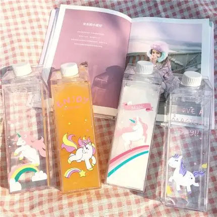 

Seaygift promotion cheap cute 500ml custom square plastic flamingo printing clear milk carton drinking water bottle for girls, Red/black/white/green/purple/yellow