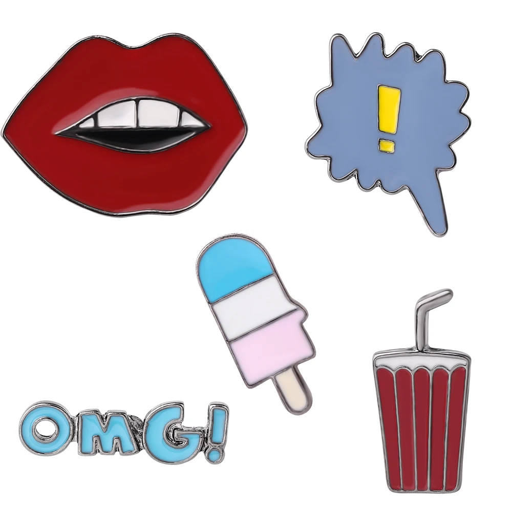 

Cartoon Fashion Red Lip Cola Ice Cream "!" Dialog "OMG!" Metal Enamel Brooch Cute Creative Clothes Pin Badge Jewelry Friend Gift, As the picture you choose