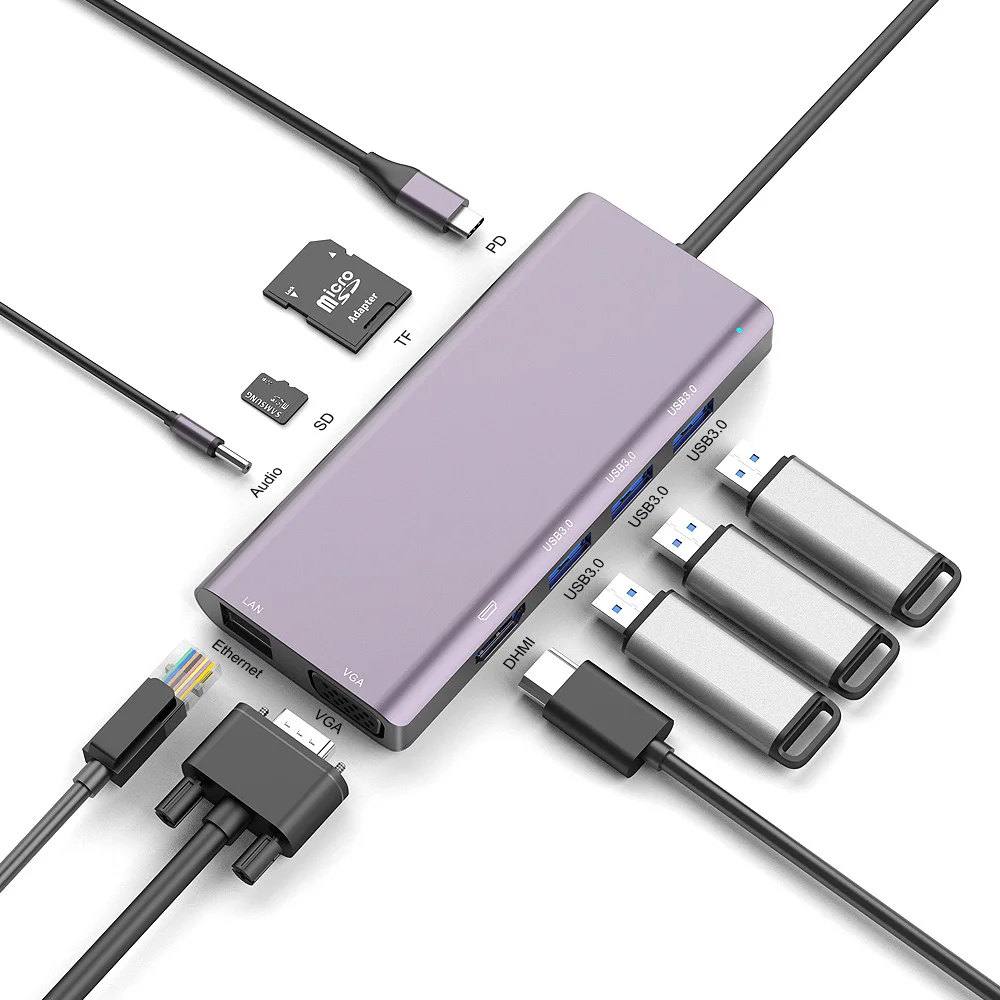 

Type C Adapter Converter 10 in 1Multiprt Usb C Hub 3.0 Usb Hub Type C Docking Station with USB3.0*3 PD Audio3.5, Silver, rose gold, gray