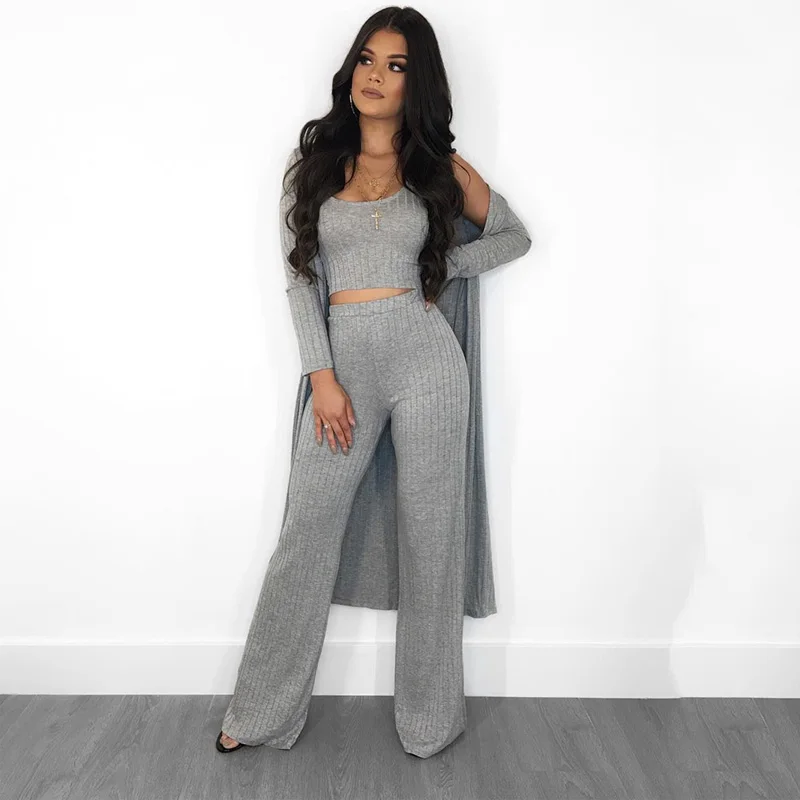 

Vest Top Long Pants Bodycon 2 Piece Outfit Jumpsuits Set With Cardigan, Gray , orange, wine red