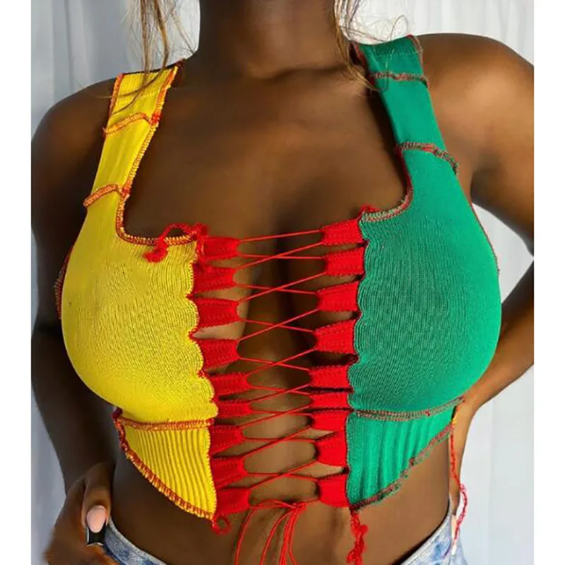 

2021 Hot Selling Womens Patchwork Sleeveless Split Lace Up Bandage Tank Crop Top, Customized color