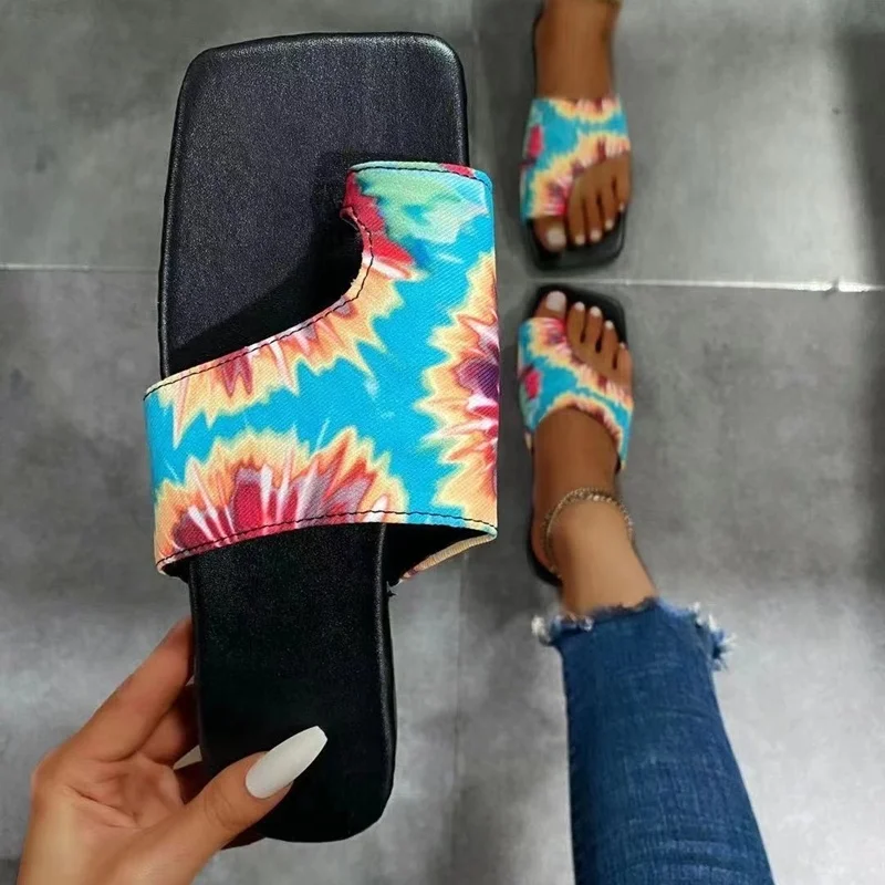 

Fashion Irregular Design Tie Dye Women Slippers Square Toe Summer Casual Sandals Comfortable Slides Big Size 10.5, Yellow,blue