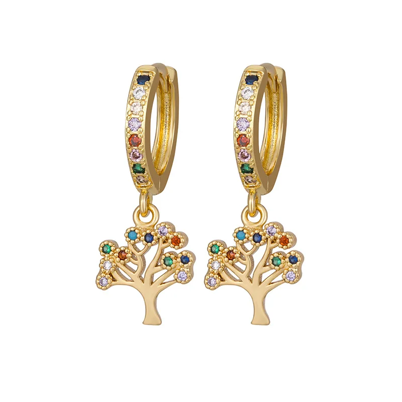 

Newest Fashion Micro Pave Zircon Plant Tree Drop Earring Colored Zircon Round Circle Tree Earrings