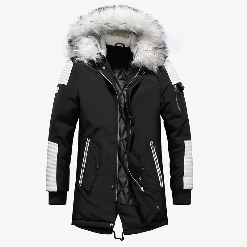 

Dropshipping Wholesale Men Jackets Winter Cotton Padded Warm Coat Big Fur Hooded Outwear Mid-Long Parka Coats, Black&red, black&white,navy&white,beige