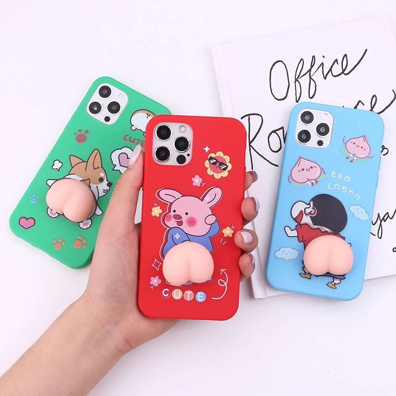 

3d silicone pinch Cute Cartoon printed Fidget Phone Reliver Stress Soft Case Sensory Squeeze Toy Phone Case For Iphone 12, Mix color