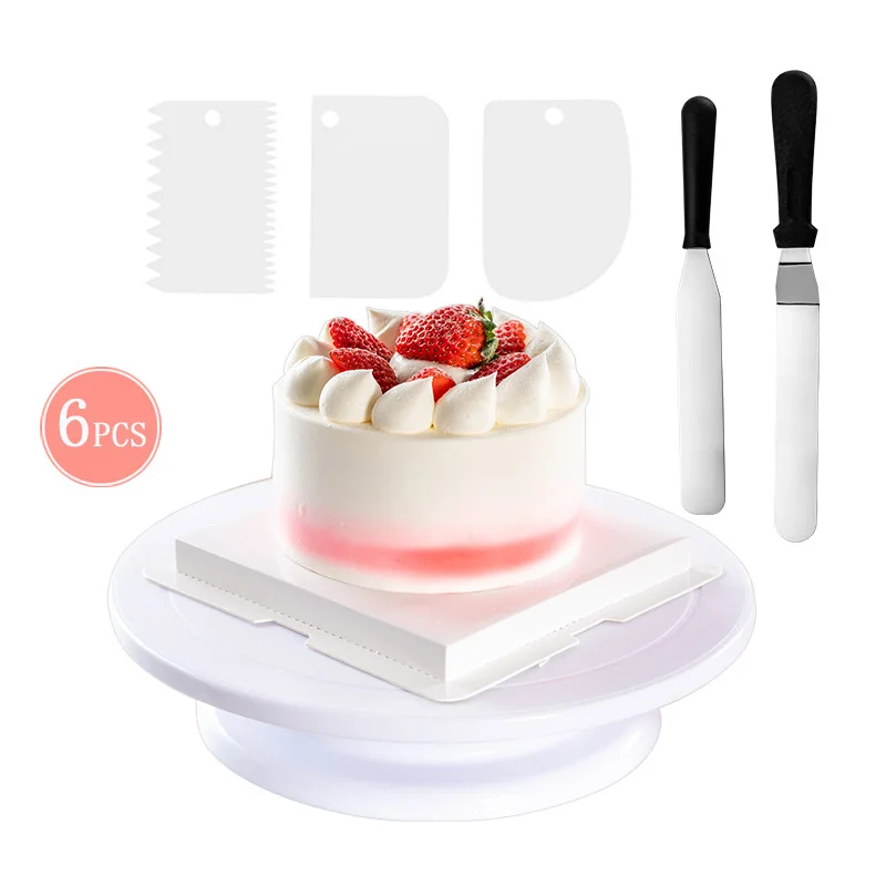 

6pcs set plastic non-slip turntable stainless steel spatula cake smoother scraper cake maker tool, As picture