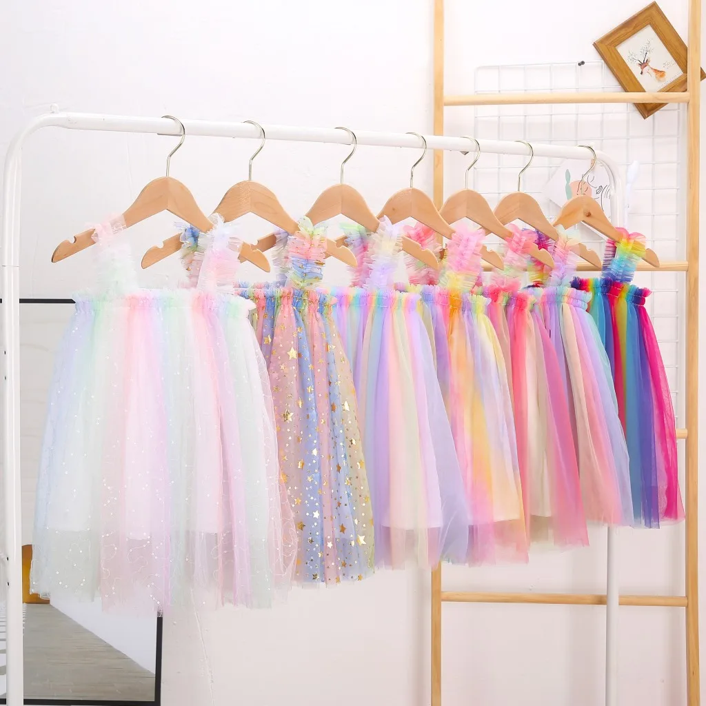 

2020 Ins summer new girls sleeveless suspender net gauze clothes children net gauze princess rainbow tutu skirt baby dress