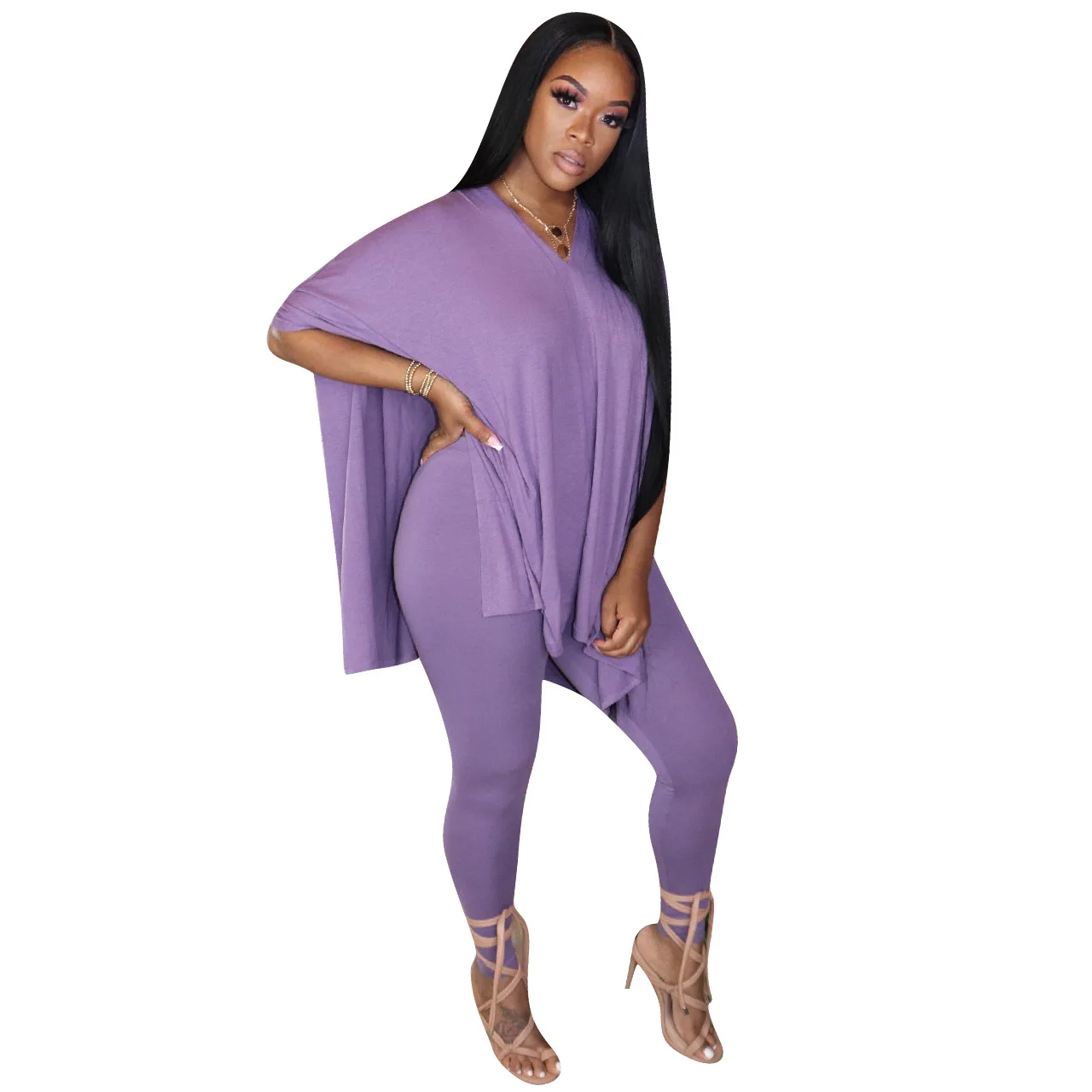 

2021 Autumn New Women Clothing Solid Color Slit V Neck Two Piece Suit