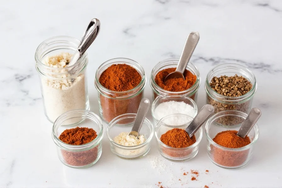 Homemade chili spice mix ingredients arranged in small glass jars with measuring spoons