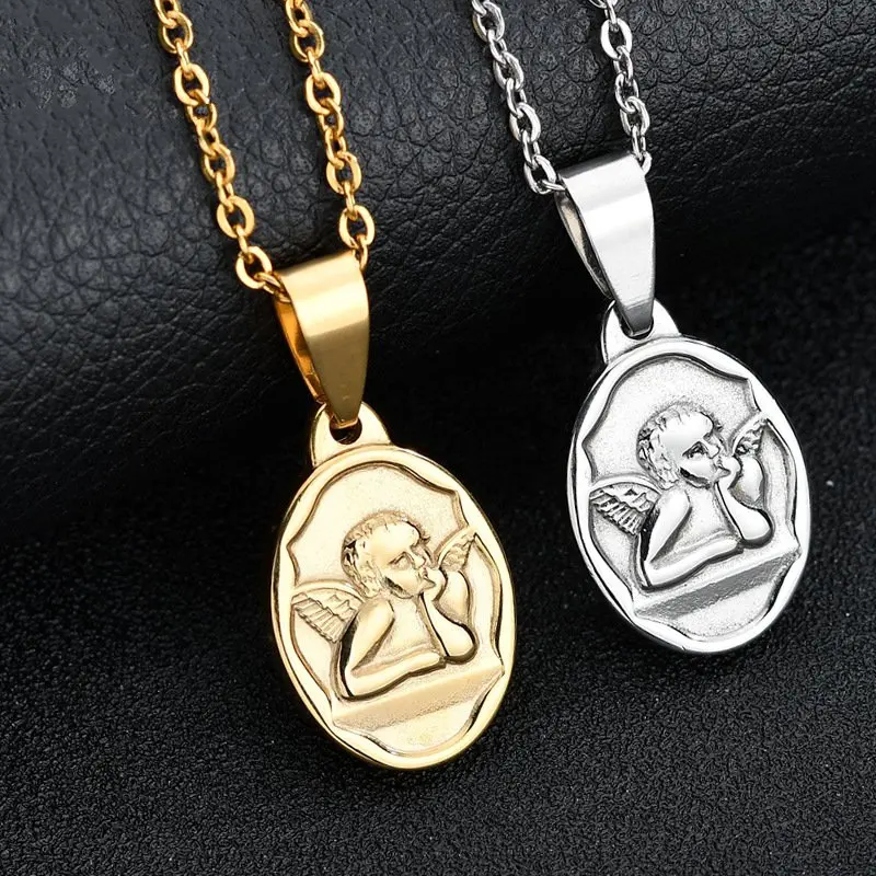 

2022 Charm 18K Gold Plated Cherub Necklaces Jewelry Stainless Steel Chain Medallion Women Angel Necklace