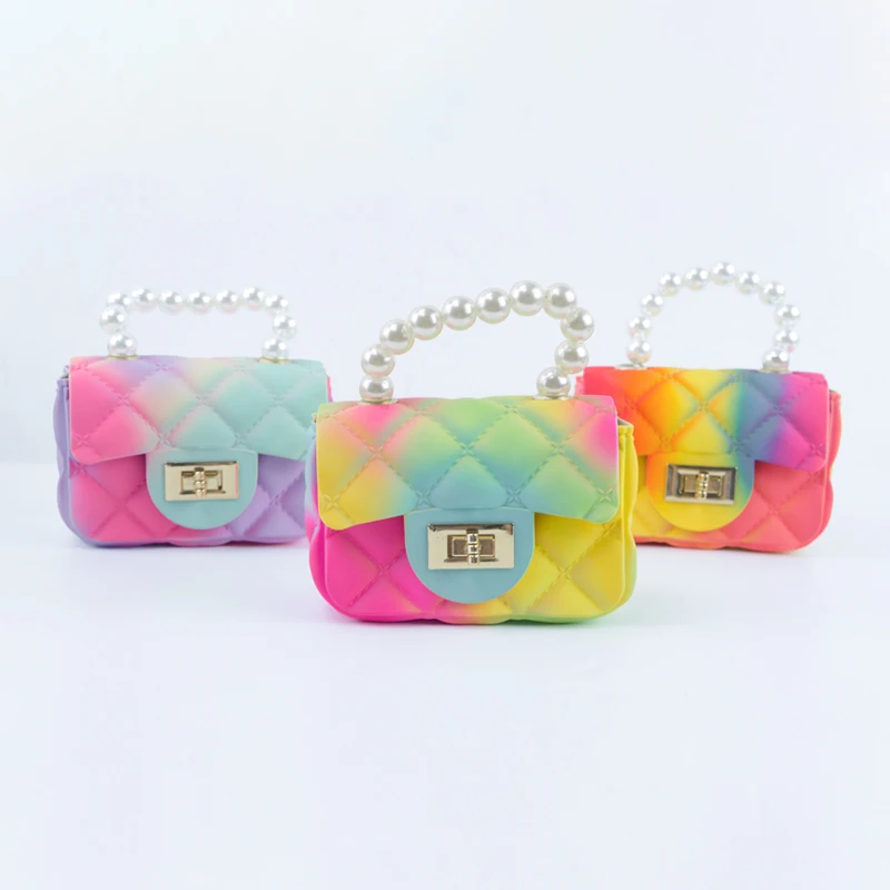 

Kids purse and handbags Wholesale 2021 girls purse rainbow mini jelly bag cute crossbody kids handbag female pearl kid bags