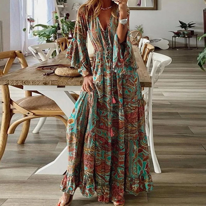 

Women Chic Retro Floral Print Boho Dress 2021 Spring 3/4 Flare Sleeve Ruffle Maxi Dress Summer V Neck Button Beach Holiday Dress