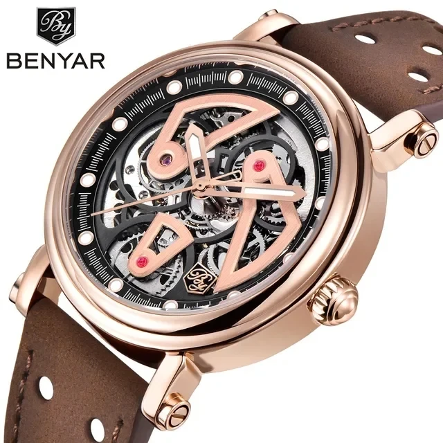 BENYAR 5202 Men Mechanical Watches New Hot Sale Automatic Watch Business Luxury Genuine Leather Mens Skeleton Wristwatches