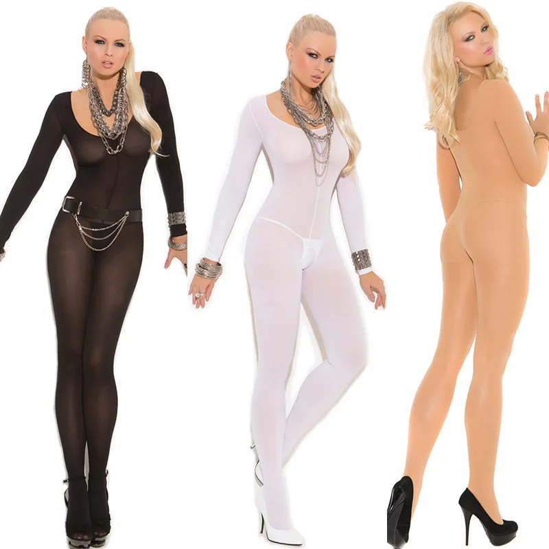 

Crotchless Sheer Bodystocking Full Body Pantyhose Ultra-thin Transparent Long-sleeve Open Crotch Strap Tights Lingerie Teddy, Photo